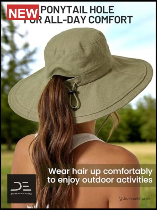 Wide Brim Sun Hat UPF 50+ Cotton Linen Packable Adjustable Bucket Hat Ponytail